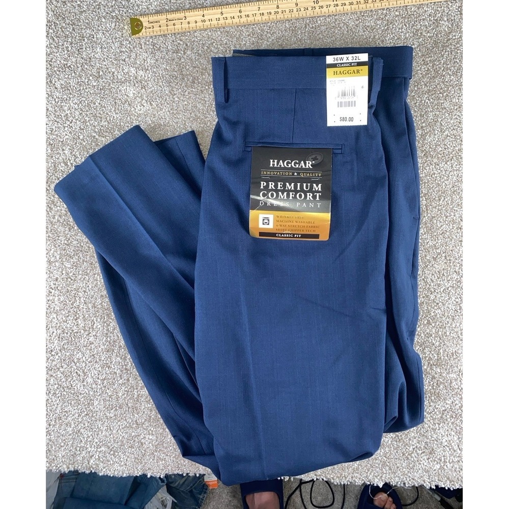 Haggar Premium Comfort Dress Pant Blue Classic Fit Wrinkle Free Mens 36x32 Flat